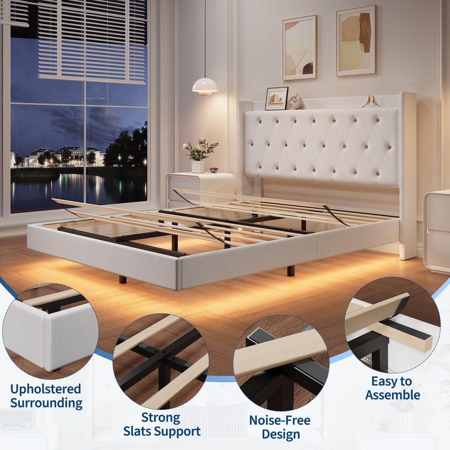 GAOMON Floating Bed Frame Full Size with LED Lights, Velvet Upholstered Platform Full Bed Frame with Wingback Storage Headboard, No Box Spring Needed, Easy Assembly, White