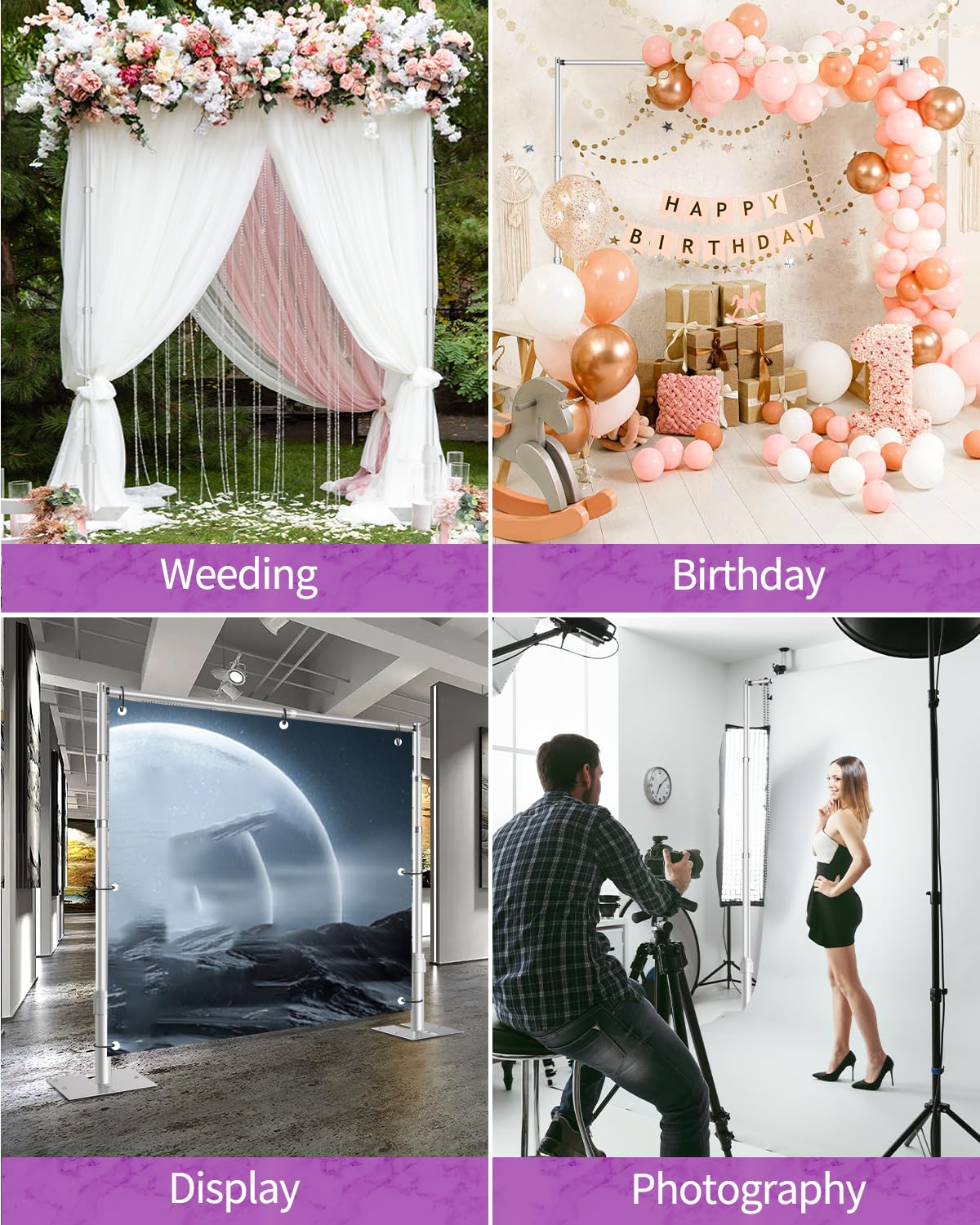 Fotoumgl 10x20 Pipe and Drape Stand Kit, Heavy Duty Backdrop Stand Adjustable, Sturdy Metal Back Drop Decoration Frame with Flat Base for Parties, Flower Wall, Wedding, Event,Trade Shows, Photo Shoot