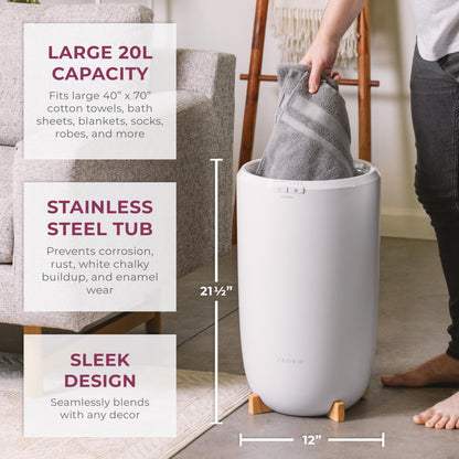 Zadro Large Hot Towel Warmer Bucket Timer Electric Towel Warmer for Bathroom Auto-Shut Off Heated Towel Warmer Spa (Large | 20L | 12" Dia. x 21" Tall, White)