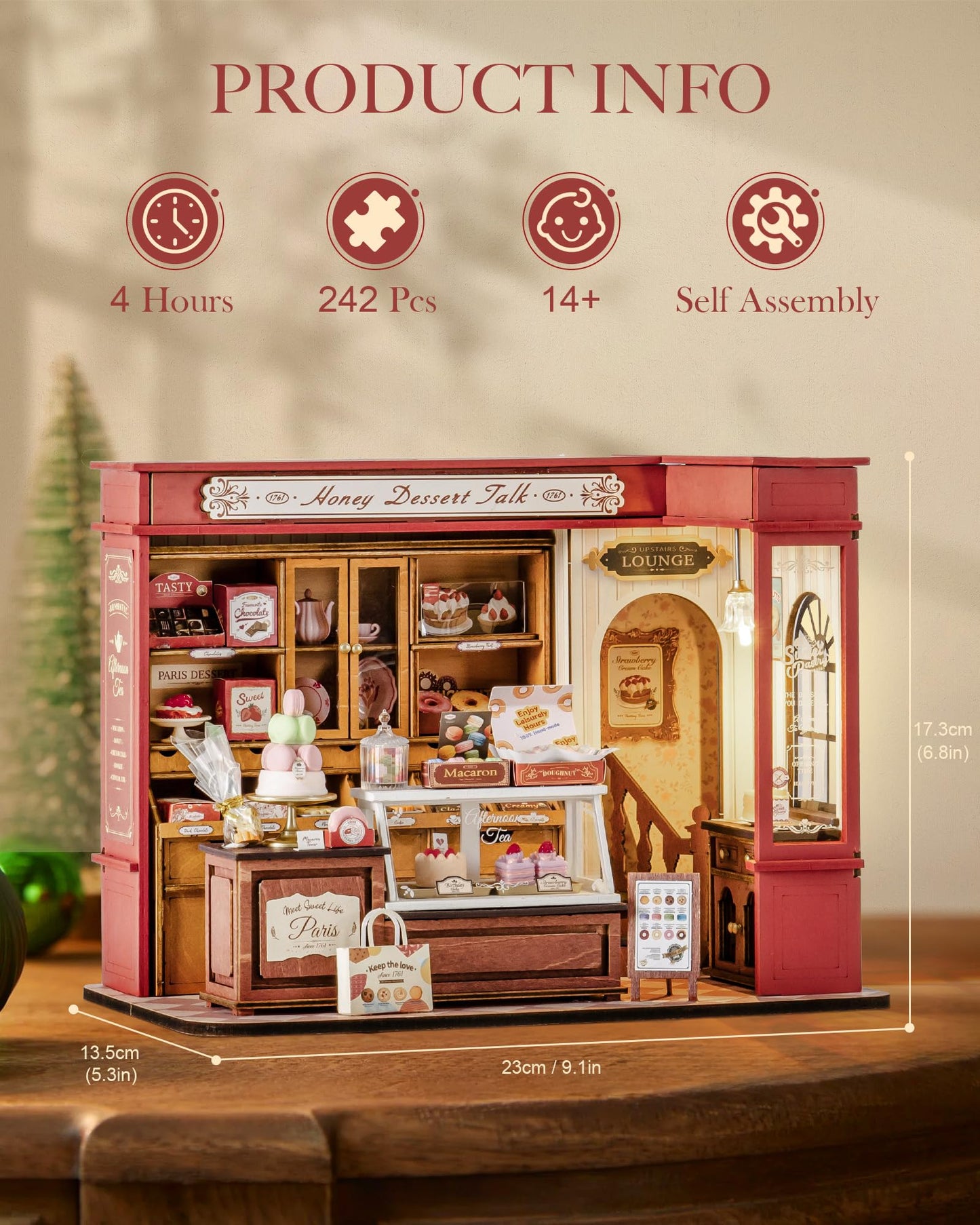 ROBOTIME DIY Miniature House Kit, Mini Wooden Dollhouse Kit for Adults, Building Kit with LED Light, Diorama Model,Halloween/Christmas/Birthday Gifts for Family/Friends (Honey Dessert Talk)
