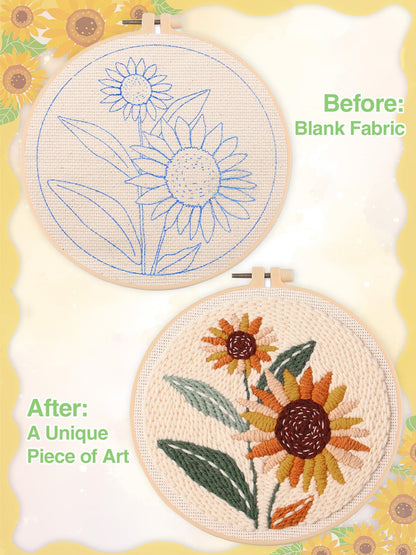 Punch Needle Kit Adults Beginner- Step-by-Step Guide & Video, Including Punch Needle Fabric with Pattern/Hoop/Needle/Yarns, Spring Embroidery Craft Kits, Easy Hobby Gifts for Women, Sunflower