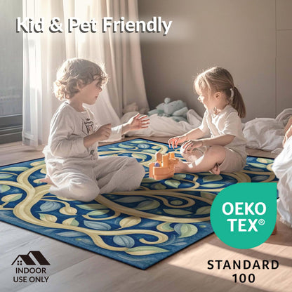 Design&I Low Pile Flatwoven Area Rug 8x10, Premium Zen Relaxation Mat with Eastern Inspired Motifs, Machine Washable, Stain Resistant Indoor Rug for Living Room, Bedroom, Non Slip(Blue, 8x10)