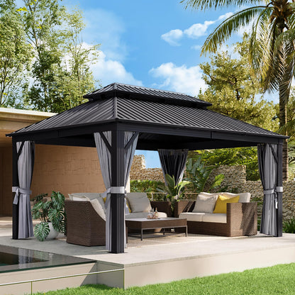 Aoxun 12FT X 16FT Hardtop Gazebo, Outdoor Pergolas with Mosquito Netting and Curtains, Galvanized Steel Double Roof Permanent Metal Gazebo, for Gardens, Decks, Patios, Parties