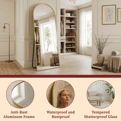Suidia 86"x46" Arched Full Length Mirror with Stand, Full Body Mirror with Aluminum Frame, Freestanding/Leaning/Wall-Mounted, Floor Mirrors for Bedroom, Living Room, Entryway, Dressing Room, Gold