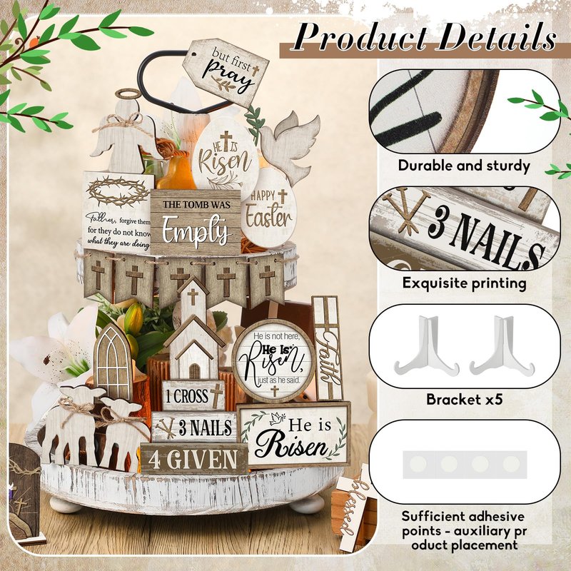 Yuntau 24 Pcs Easter Tiered Tray Decor Religious Easter Decorations He is Risen Cross Tray Decoration Sets Christian Cross Table Wooden Sign Farmhouse Table Decor for Home Kitchen Office Holiday