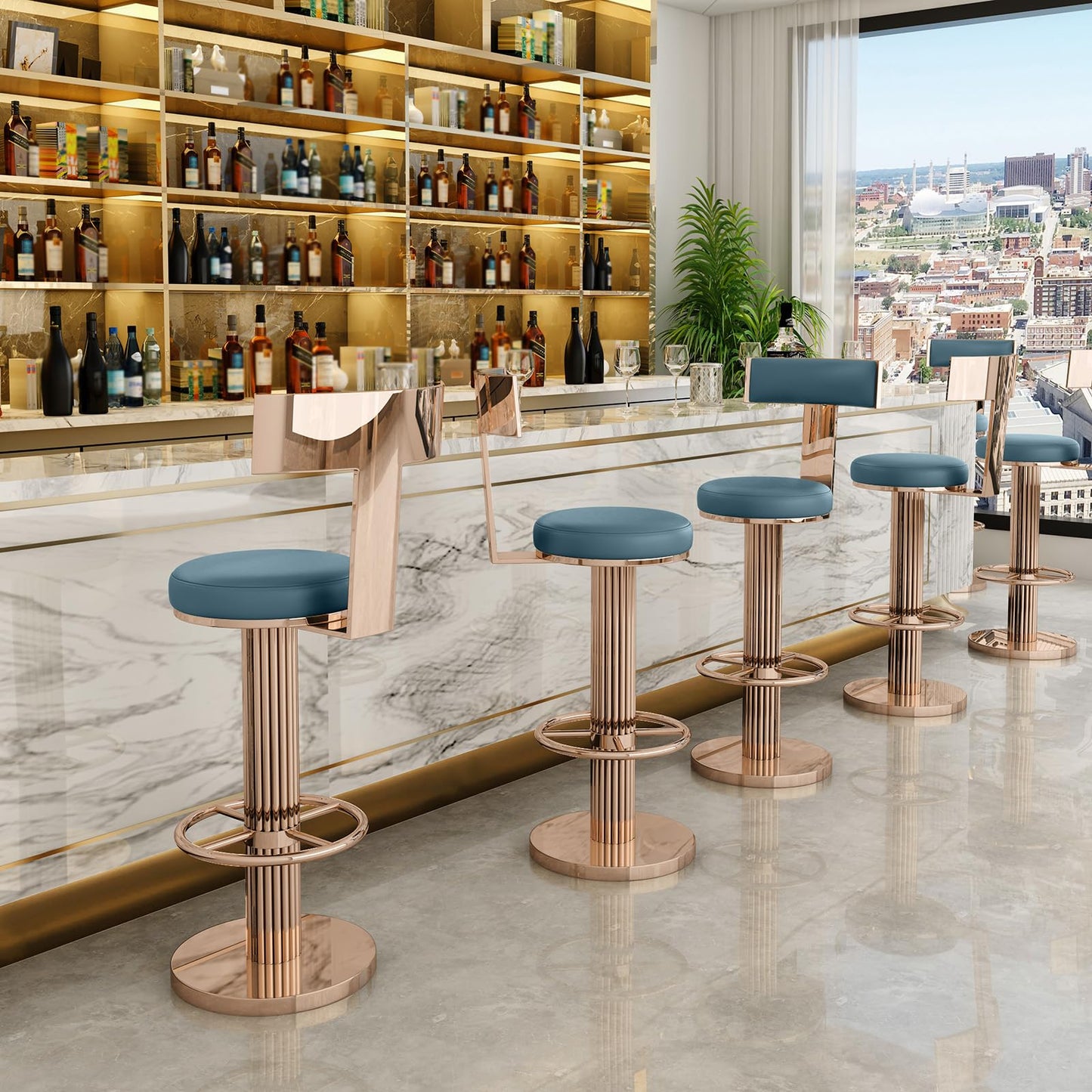 FUNROLUX Swivel Bar Stools with Backrest, Modern Adjustable Height Counter Stool with Stainless Steel Legs and Comfortable Cushion, Rose Bar Chairs for Kitchen Island Counter (Blue)