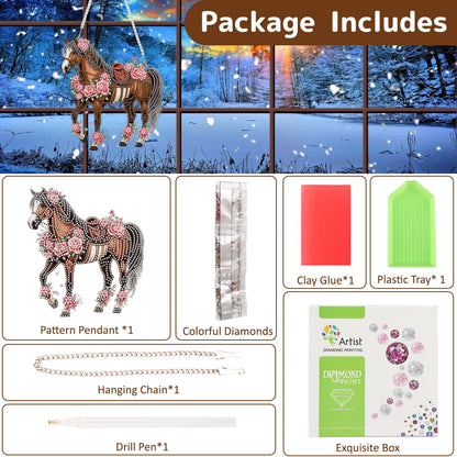 Horse Diamond Art Hanging Kits for Adults, Animal Diamond Painting Pendant Kits, DIY Acrylic 5D Special Shaped Crystal Diamonds Gem Art Painting Ornament for Home Wall Decor Gift 8x8 Inch