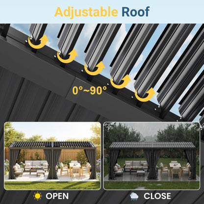 12' x 20' Louvered Pergola, Metal Outdoor Pergola with Adjustable Louvered Roof, Curtains & Netting, Gutter System, Hardtop Patio Gazebo for Patio, Deck, Garden, Yard, Dark Gray