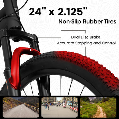 Ecarpat 24 inch Mountain Bike Full Suspension, 21 Speeds Dual Disc Brake Men Boys Bike for 10+ Years, Carbon Steel Frame, Trail Beach Snow Commuter City Bikes, Birthday Gift Choice