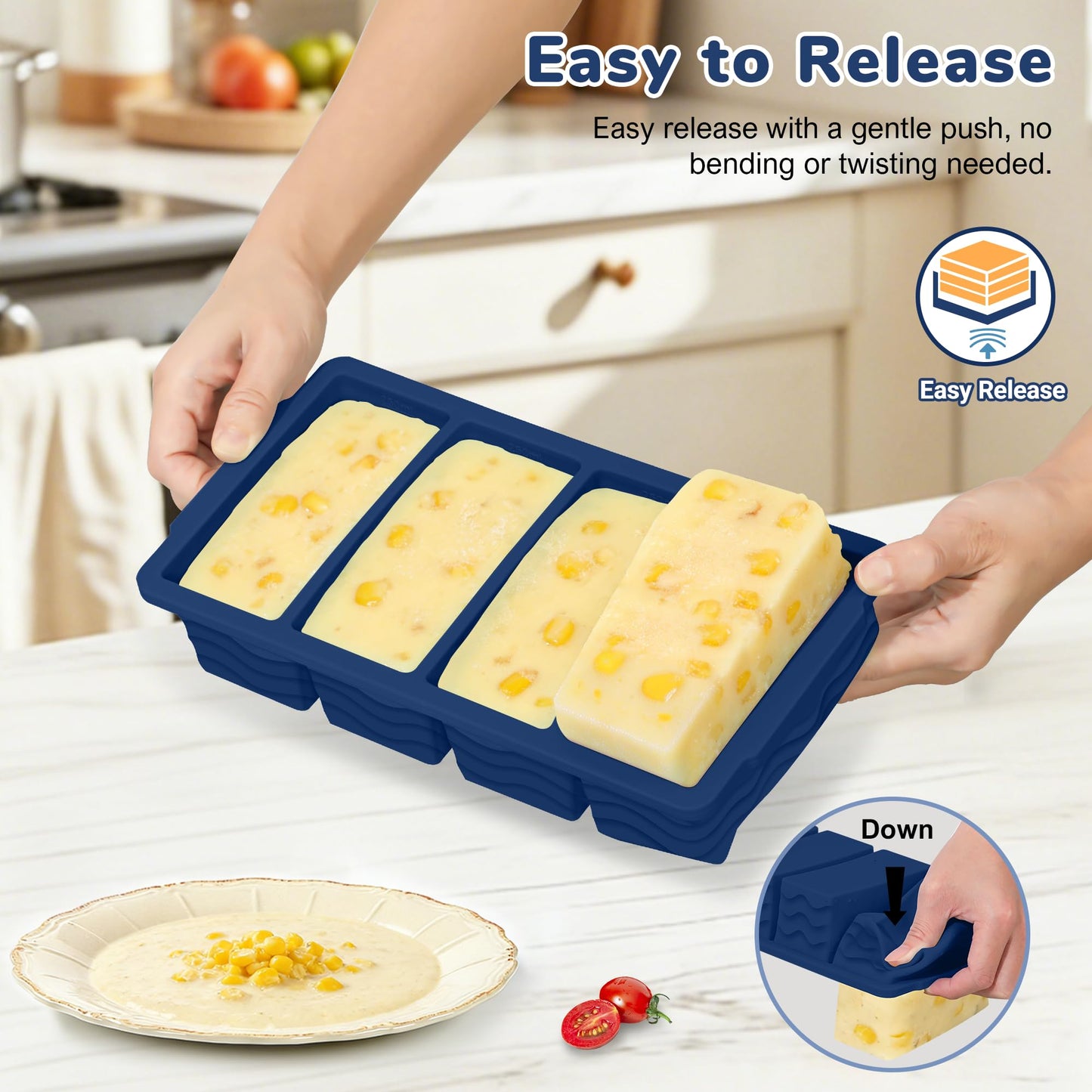 Silicone Freezer Trays with Lid (4-Pack), 1-Cup, 2-Cup, 1/2-Cup & 2-Tbsp Silicone Freezer Molds, Stackable Soup Freezer Meal Prep Containers,Ice Cube Tray for Making Sauce,Smoothies,Yogurt Bites