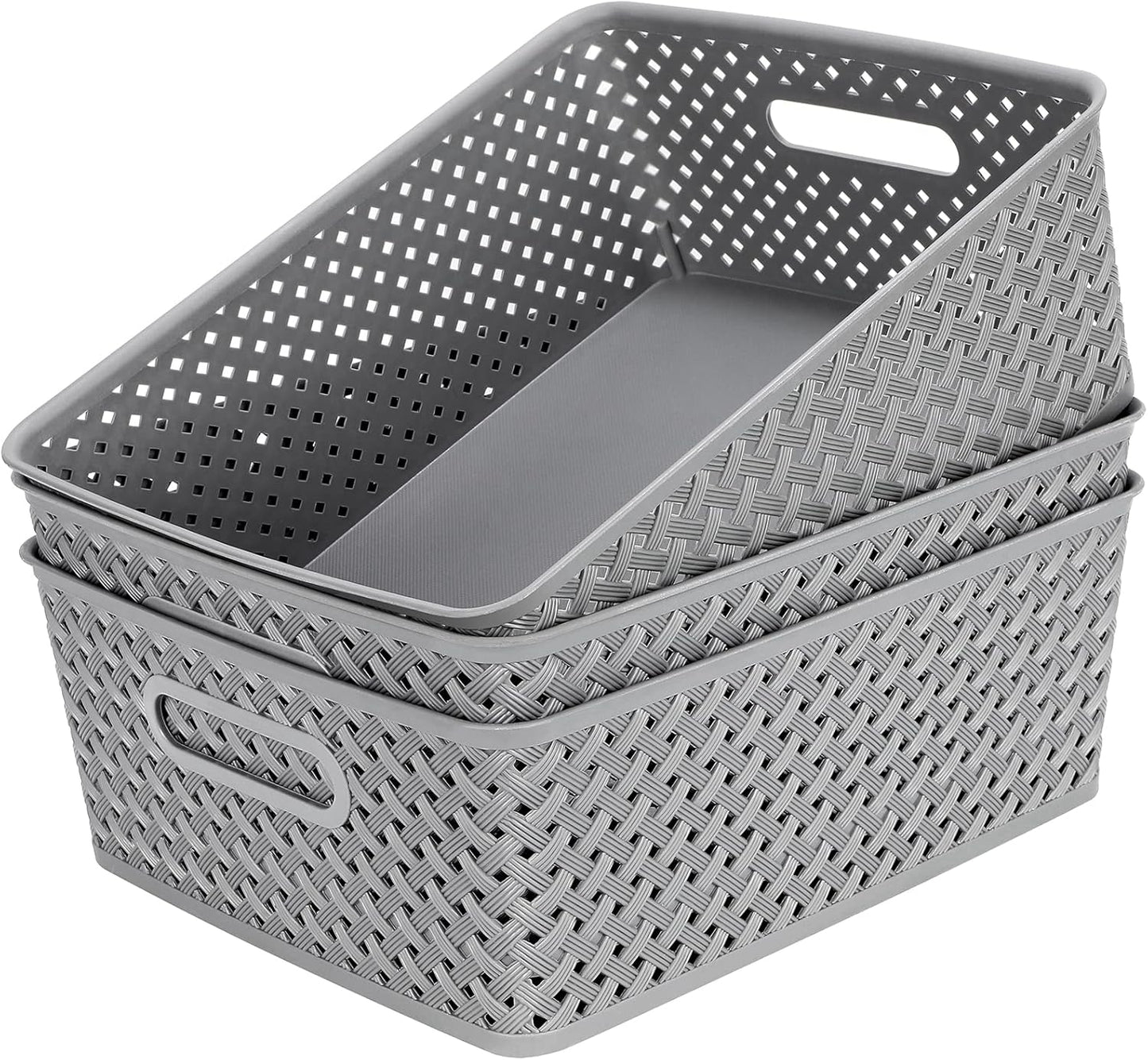 MaxGear Storage Bins - 3-Pack Plastic Organizer Baskets with Handles | Large Grey Woven Design for Home & Office