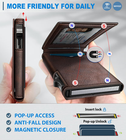 miyozi Wallet for Men, Slim Pop Up Card Holder - RFID Blocking Minimalist Bifold Wallet with ID Window, Holds 9-11 Cards & Stretchable Strap, Metal Flip Case with Magnetic Closure, Gift Box