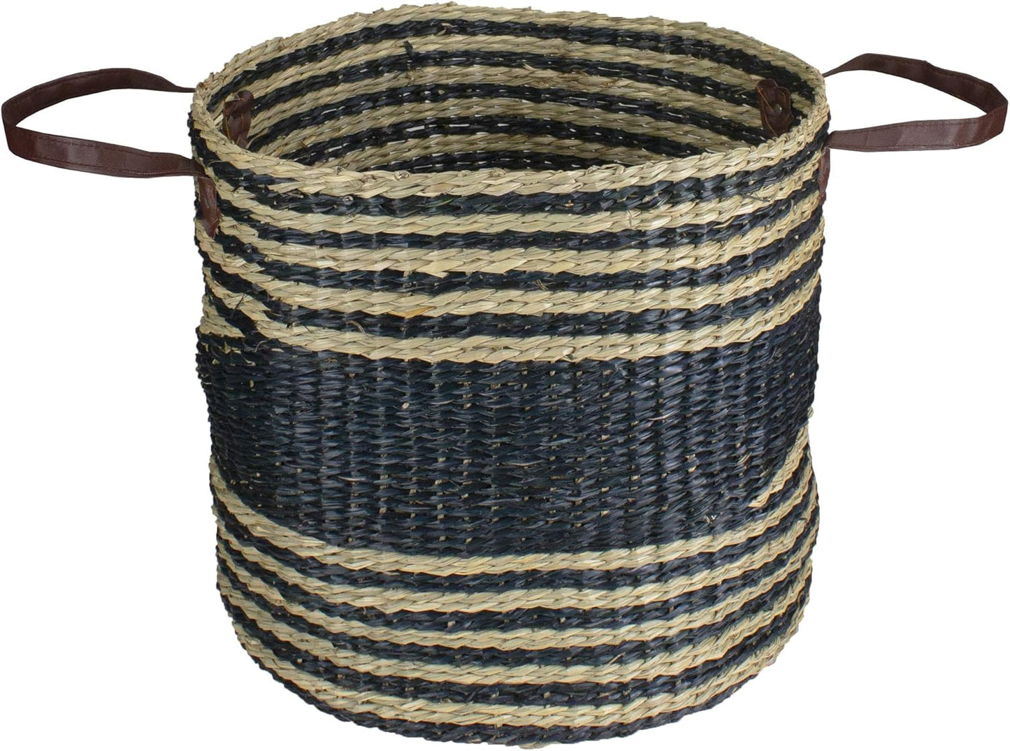 Skiennix 15" Beige & Black Woven Seagrass Basket - Stylish Storage Solution with Handles