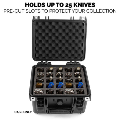 CASEMATIX 25 Folding Knife Case - Waterproof Knife Blade Holder and Knife Box Organizer Fits 25 Folding Knives and Swiss Army Knives Precut to Fit 4.0" to 5.5" Folded in Lockable Knife Storage Case