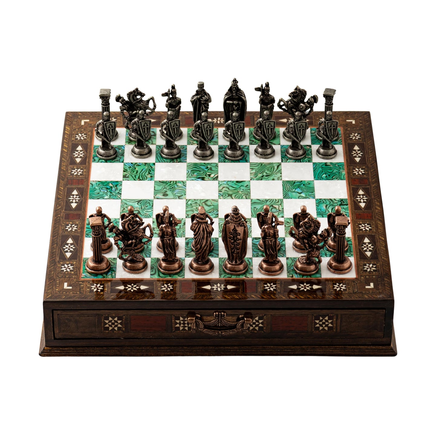 15'' Wooden Chess Set with Metal Chess Pieces – Handmade Storage Chess Board & British Metal Pieces – Elegant Chess Gift for All Ages – Gift for Him (Green)
