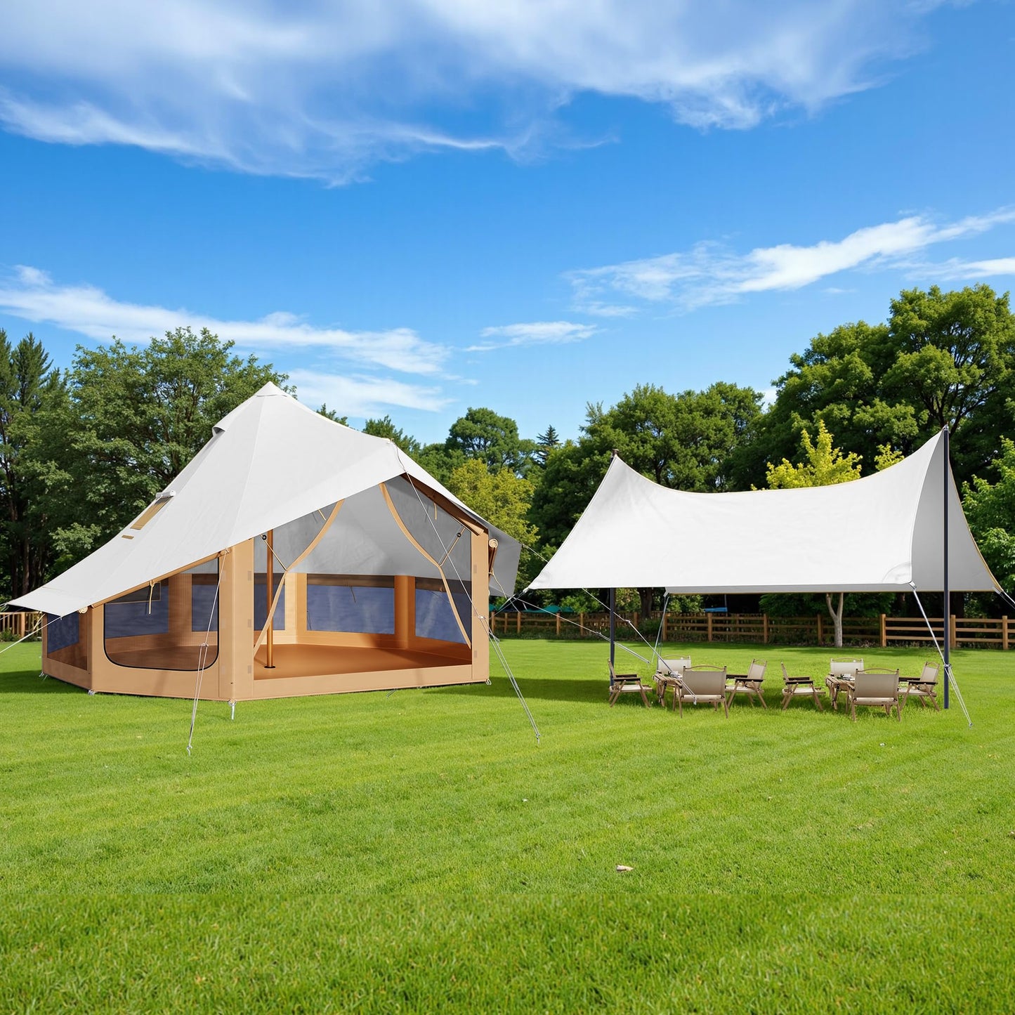 SPECRAFT Canvas Bell Tent for Camping, Waterproof Glamping Yurt Tent with Canopy & Stove Jack, Breathable Mesh 4-Season Family Shelter for Outdoor Camping, Parties, 8–10 Person
