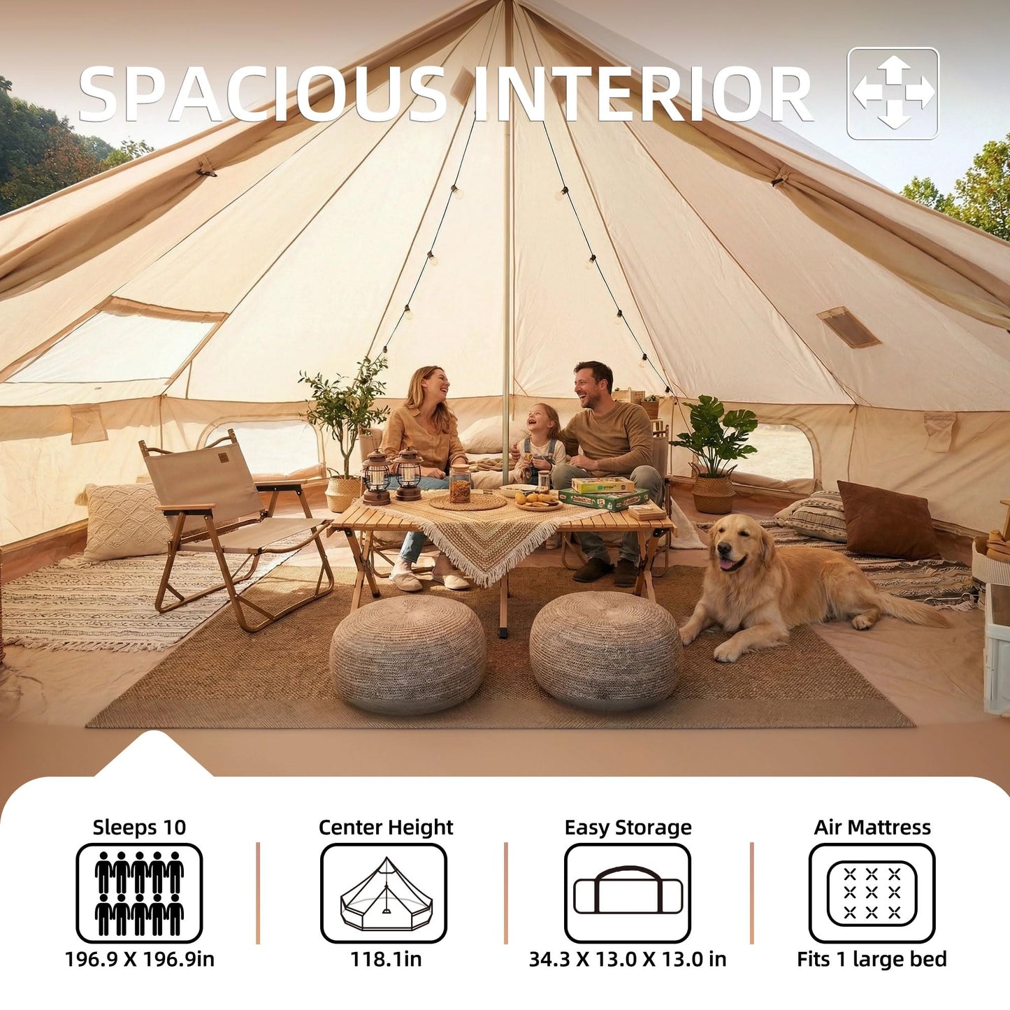 KEIKI 4 Season Canvas Bell Tent 16.4 FT Waterproof All Weather Glamping Yurt Tent, Luxury Hot Tent Stove Jack, Breathable Spacious Family Camping Teepee for 8 People Outdoor Hunting Party Event Green
