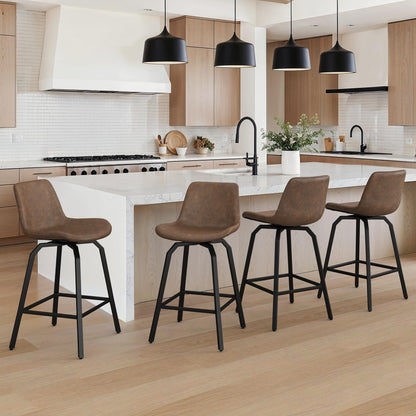 LUE BONA 360° Swivel Bar Stools Set of 4, 26 Inch Counter Height Bar Stools, Modern Faux Leather with Enlarged Seats, Metal Legs for Kitchen Island, Dining, Vintage Brown