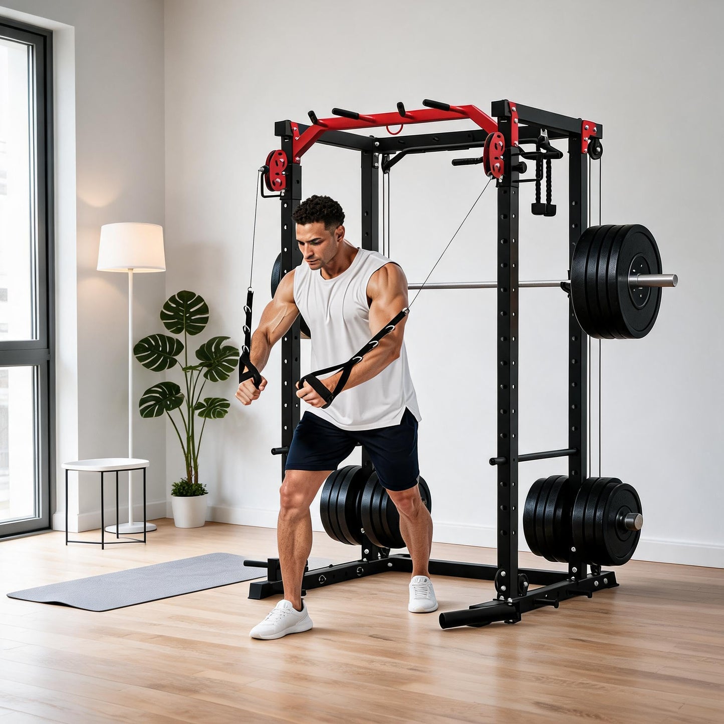 Power Cage with Dual Independent LAT Pulldown & Cable Crossover System – 2000LBS All-in-1 Home Gym, 2-User Multi-Functional Power Rack with Adjustable Dual Pulleys, Squat Rack for Garage & Home