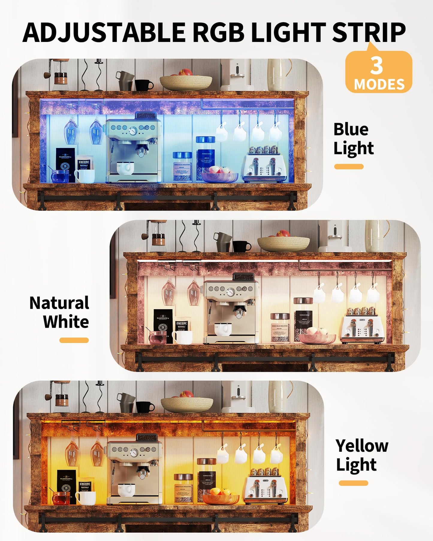 Hetoy Farmhouse Coffee Bar Cabinet 55" Tall with Sliding Barn Door, LED Light, Power Outlet – Storage Drawers, 12-Bottle Wine Rack, Ideal Coffee Hutch for Dining Room or Home Bar