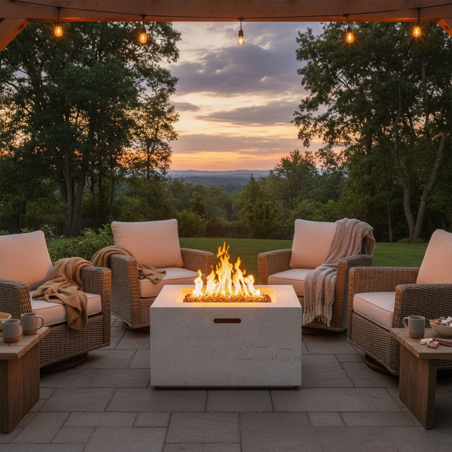 GDFStudio MgO Lightweight Square Propane Fire Pit Table, 40000 BTU Outdoor Propane Fire Pit with Steel Burner, Adjustable Flame Control, Lava Rocks & Rain Cover, Patio Backyard Deck Poolside, Beige