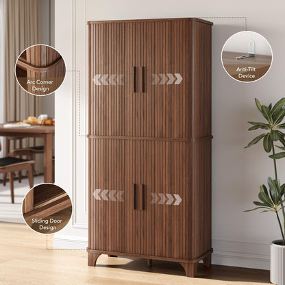 Decofy 69" Tall Kitchen Pantry Storage Cabinet with Sliding Door, Modern Curved Edge Pantry Storage Cabinet with 5 Shelves, Cupboard for the Kitchen, Dining Room, Bedroom, Living Room, Office (Walnut)