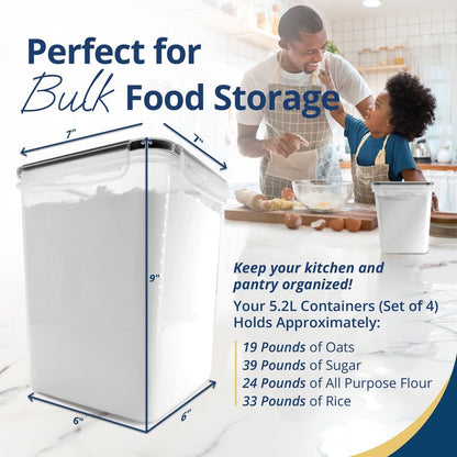 Reli. 5.2L Airtight Food Storage Containers with Lids (4 Sets) | Kitchen Organizers and Storage Pantry Organizers | BPA Free Plastic Container Set w/ 4 Measuring Cups, Dough Scraper, 6 Labels, Pen