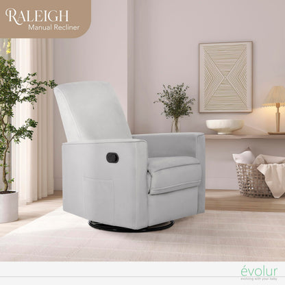 Evolur Raleigh Upholstered Manual Glider Recliner– Rocking & 360° Swivel with Smooth Glide – Greenguard Gold & FSC Certified – Modern Nursery and Living Room Chair in Grey