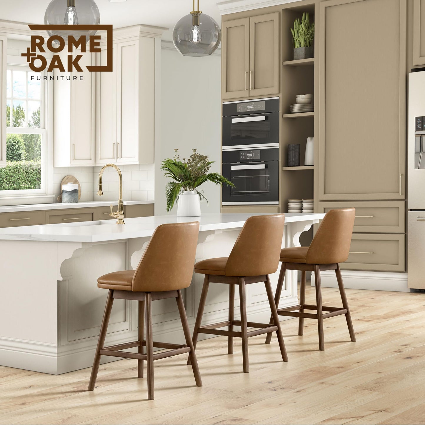ROME + OAK Rowan 26 Inch Swivel Counter Height Stool in Walnut Finish with Brown Vegan Leather Upholstery Seat - Kitchen or Dining Room Furniture
