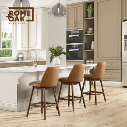 ROME + OAK Rowan 26 Inch Swivel Counter Height Stool in Walnut Finish with Brown Vegan Leather Upholstery Seat - Kitchen or Dining Room Furniture