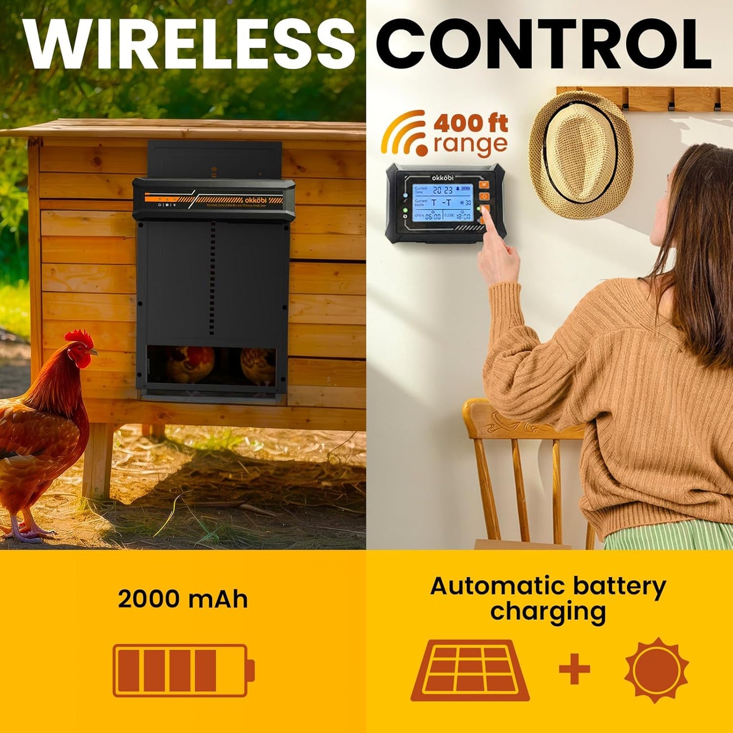 Anti-Pinch, 5-Year Wireless Automatic Chicken Coop Door Solar Powered LCD Display, Timer & Light Sensor All-Weather