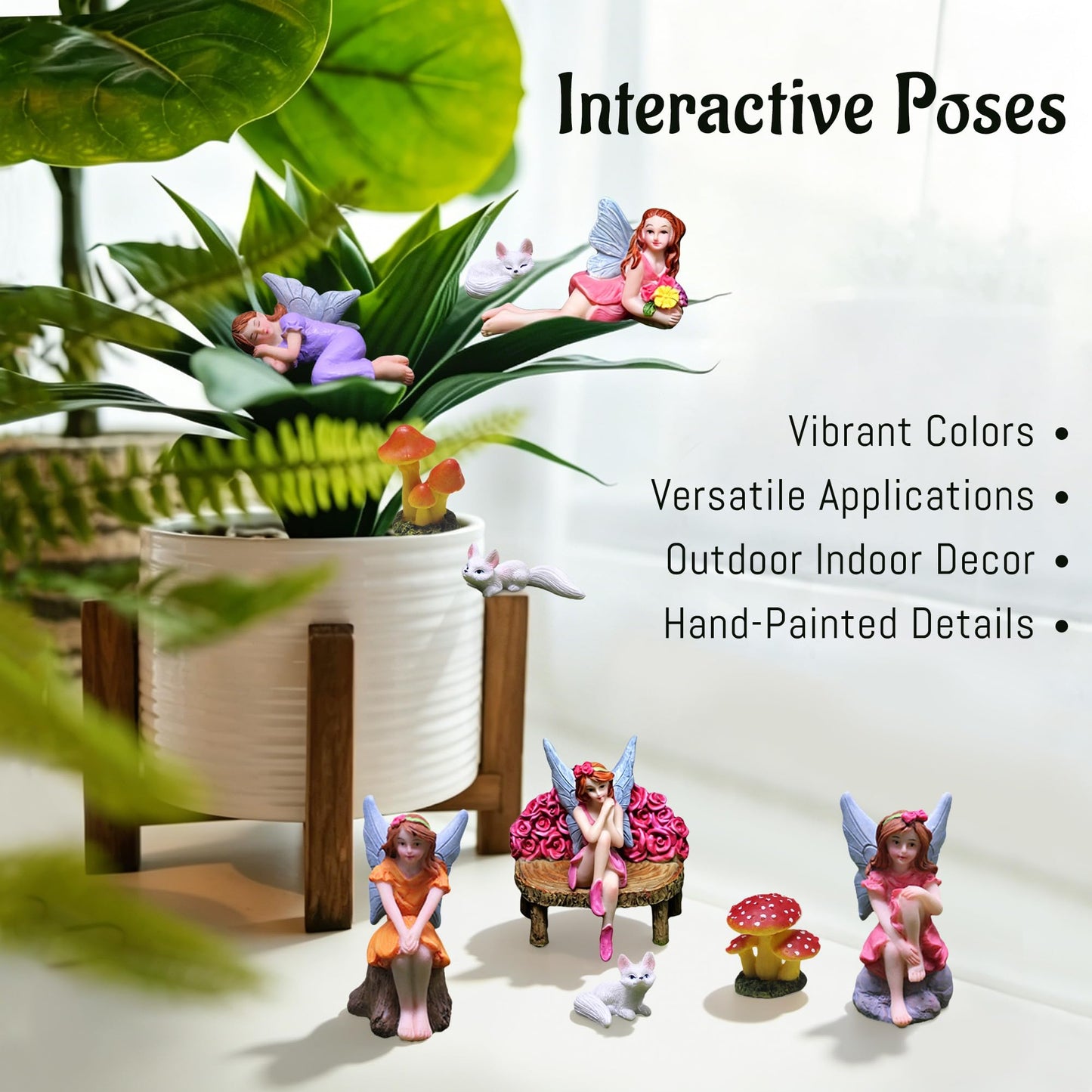 Miniature Fairy Garden Accessories Set - 5 Resin Fairies (Sleeping, Sitting on Stone/Stump/Bench) with 3 White Fox Statues & 2 Spotted Mushrooms - Whimsical Forest Decor for Terrarium, Patio & Gifts