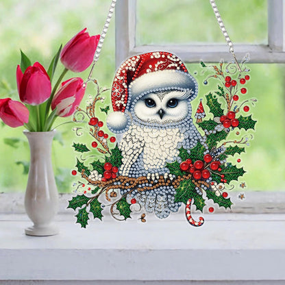 Auremi Christmas Diamond Art Painting Pendant Kits with Chain,5D Owl Diamond Art Hanging Kit DIY Diamond Crystal Window Door Hanging Pendant Kit for Adults Gift Wall Decor