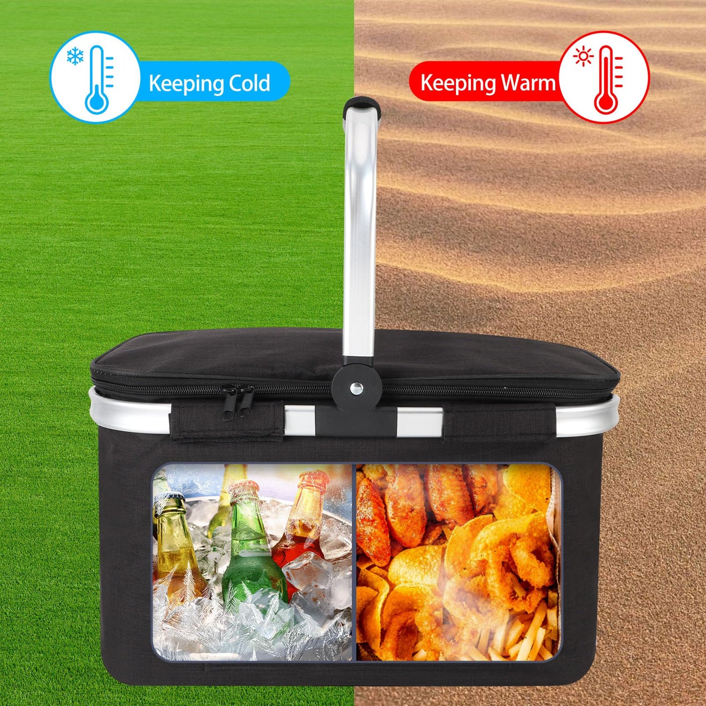 MEKOTRIN Large Picnic Basket Insulated, Foldable Shoping Basket Cooler Bag, Leakproof Picnic Baskets with Handle and Lid for Camping Outdoor Birthday Lunch BBQ Travel Beach(Black, 17.7x10.2x9.8in)