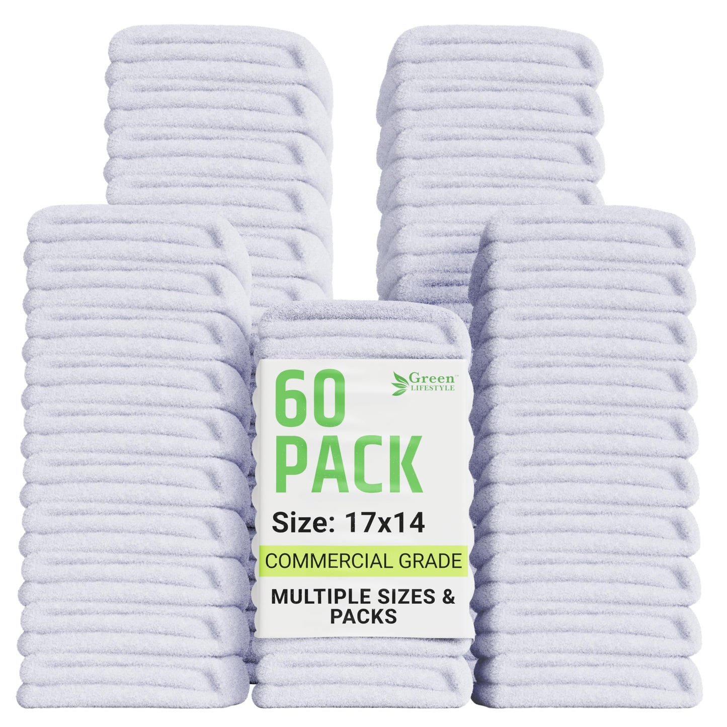 GREEN LIFESTYLE 60-Pack Cotton Wash Cloths – 14"x17" Absorbent Cleaning Rags for Housekeeping, Kitchen Towels, Bar Mop Towels, Durable Terry Cloth Rags, Premium Quality Multipurpose Washcloths