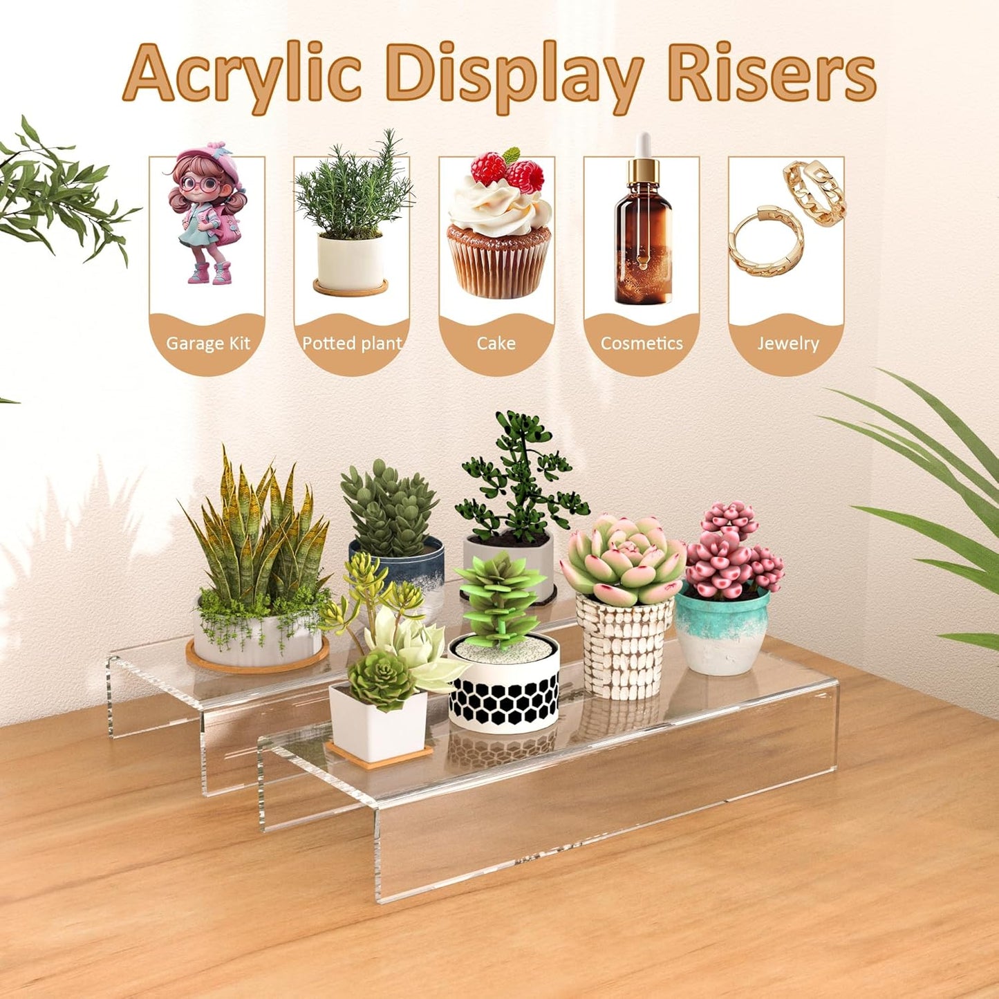 12x4.3x2 pack 2, 12 12x4.3x2 Inch Sezanrpt Acrylic Shelf Riser of Clear Display Shelf for Shoes, Glasses, Plants, Home