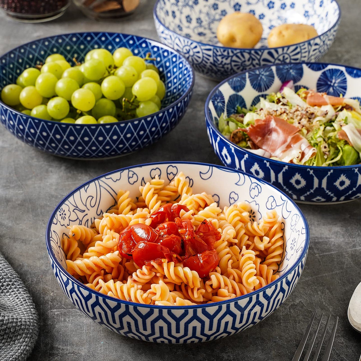 Selamica Ceramic 30 Ounce Pasta Bowls set of 4, 8 inch Serving Bowl Wide and Shallow Microwave Dishwasher Safe, Vintage Blue