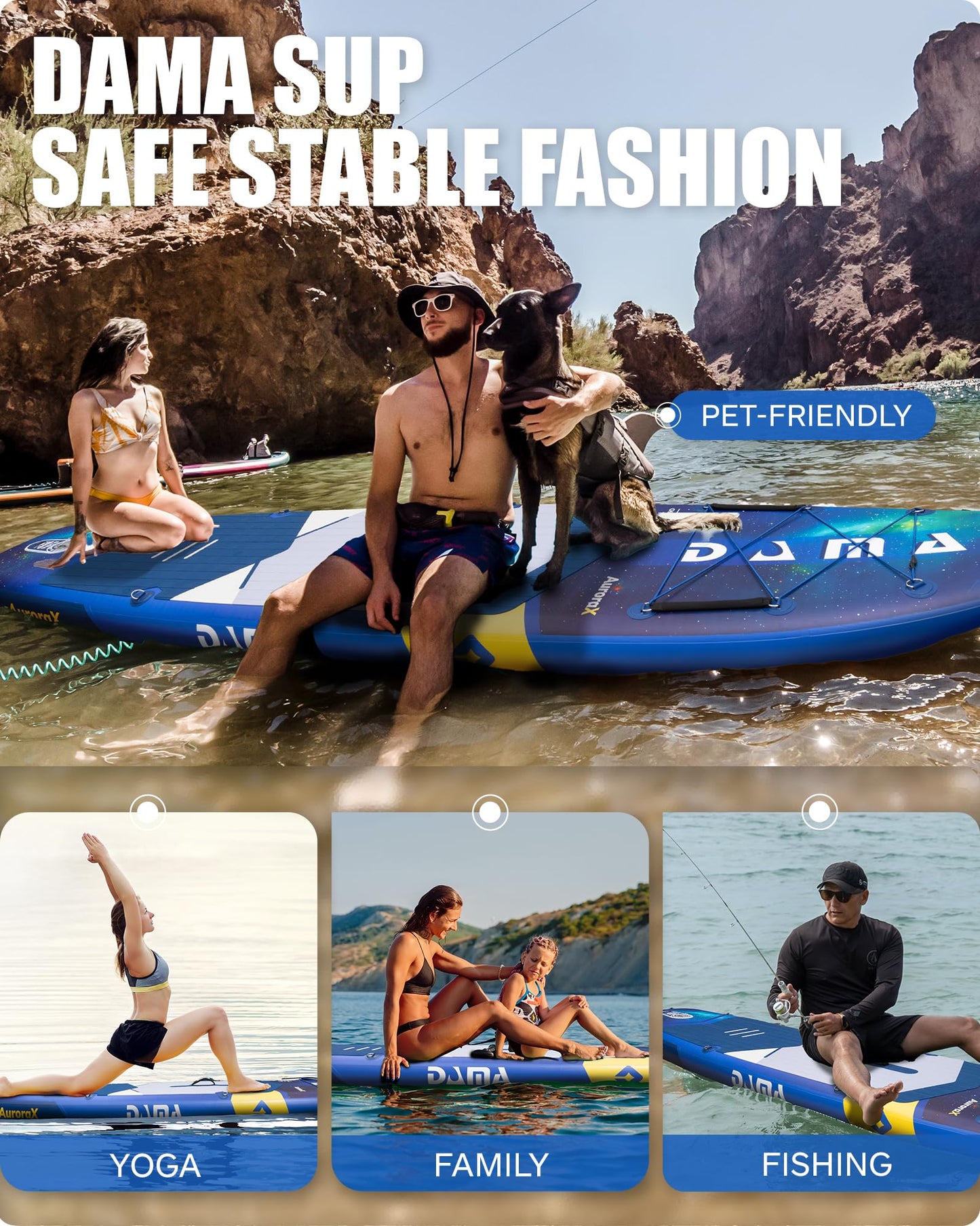 DAMA Stand Up Paddle Board for Family Use on Lakes, Rivers and Coastal Waters, Extra Wide All-Around Design, 11'6" x 34" x 6", 450 lbs Capacity, Stable for Beginners, 2+1 People and Pets