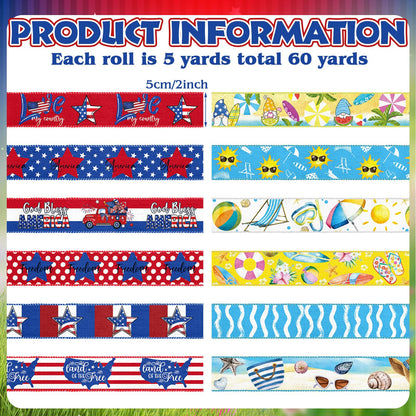 Vincreem 12 Rolls Memorial Day Summer Wired Edge Ribbon for Wreaths 2 Inch x 60 Yards Red White and Blue Star Print Grosgrain Ribbon Summer Crafts for Memorial Day Party Supplies 12 Styles