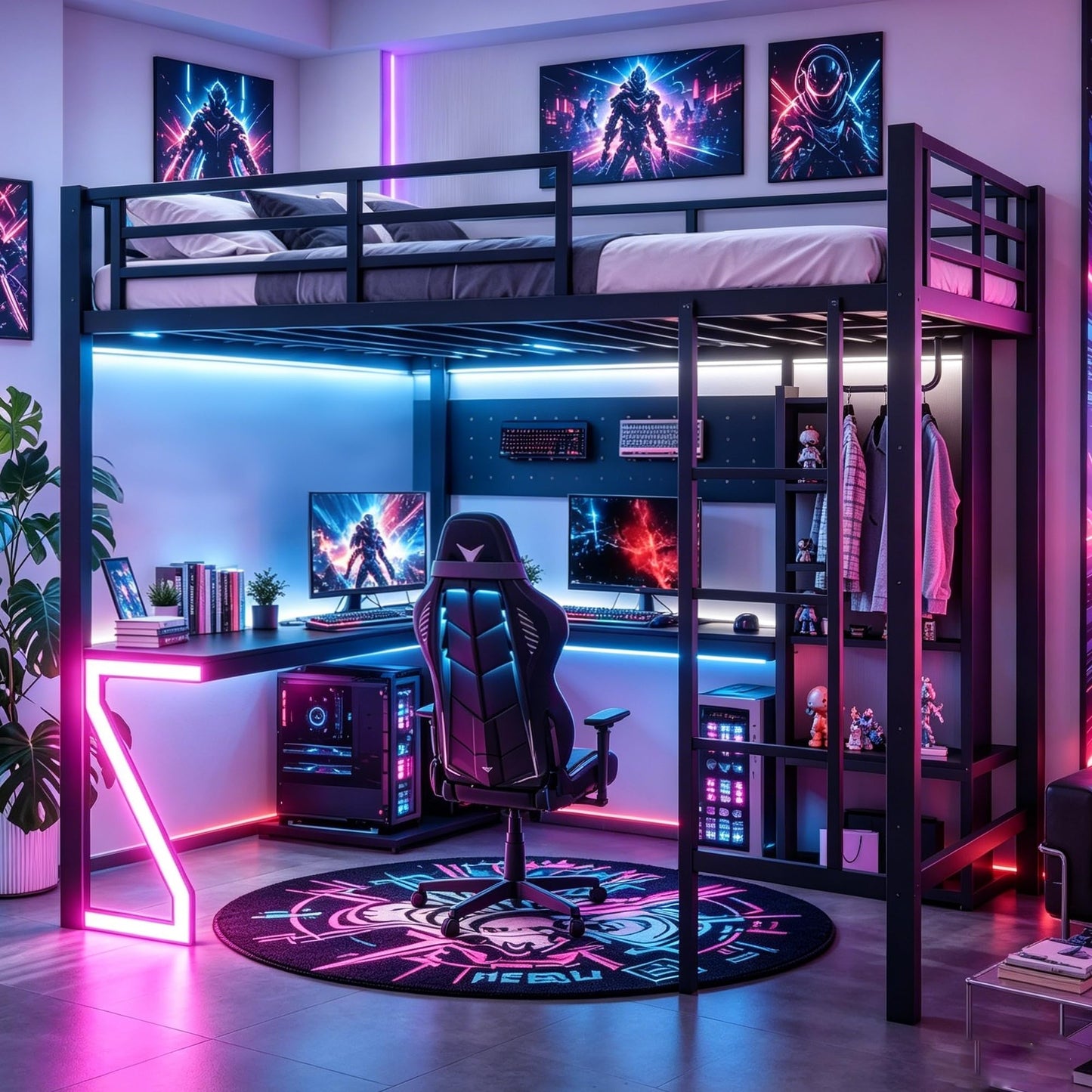 Bellemave Queen Size Gaming Loft Bed with L-Shaped Desk, Computer Tray, Peg Board & USB Ports, Metal Queen Loft Bed Frame with RGB Lights & Storage Shelves for Teens, Black