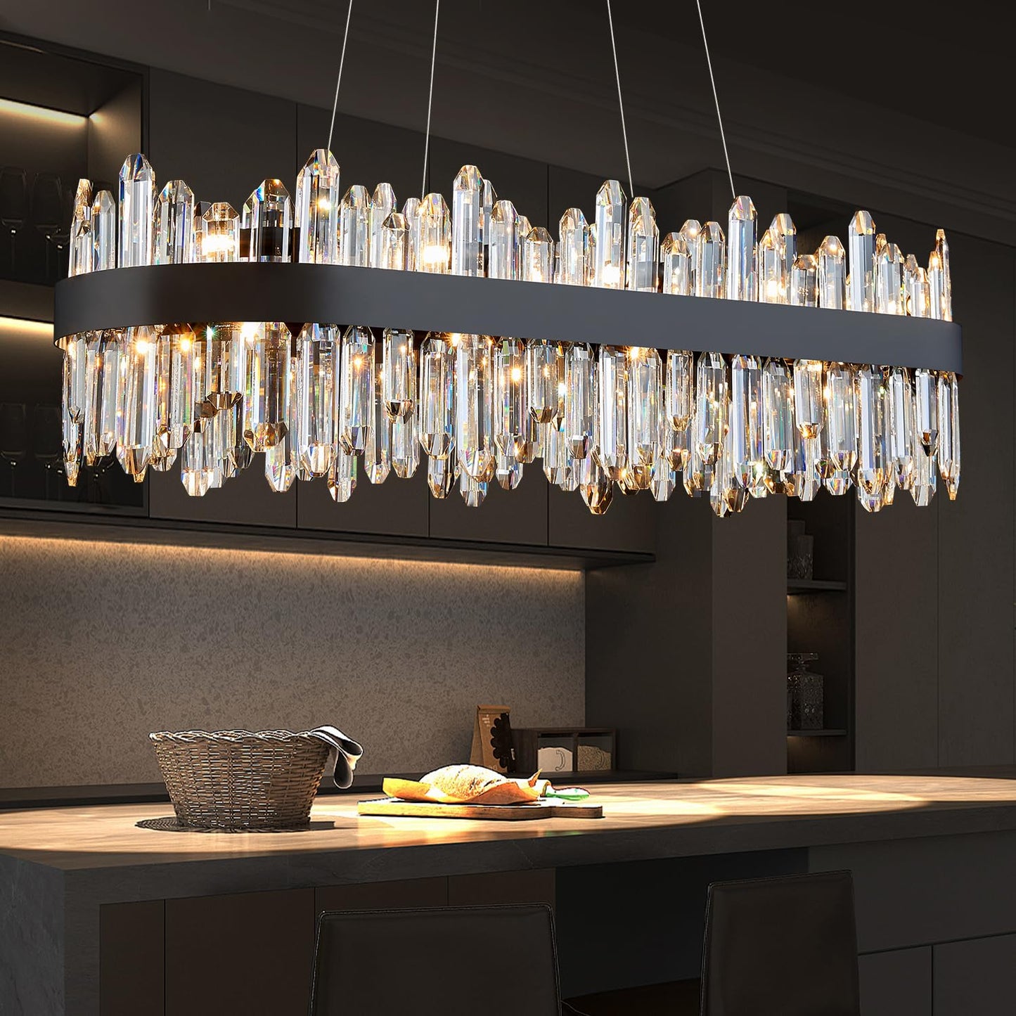 DUNFIZZ Modern Rectangular Crystal Chandelier, 20-Lights Black Raindrop Chandelier Lighting Contemporary Pendant Ceiling Light Fixture for Dining Room Living Room Kitchen Island L35.4''