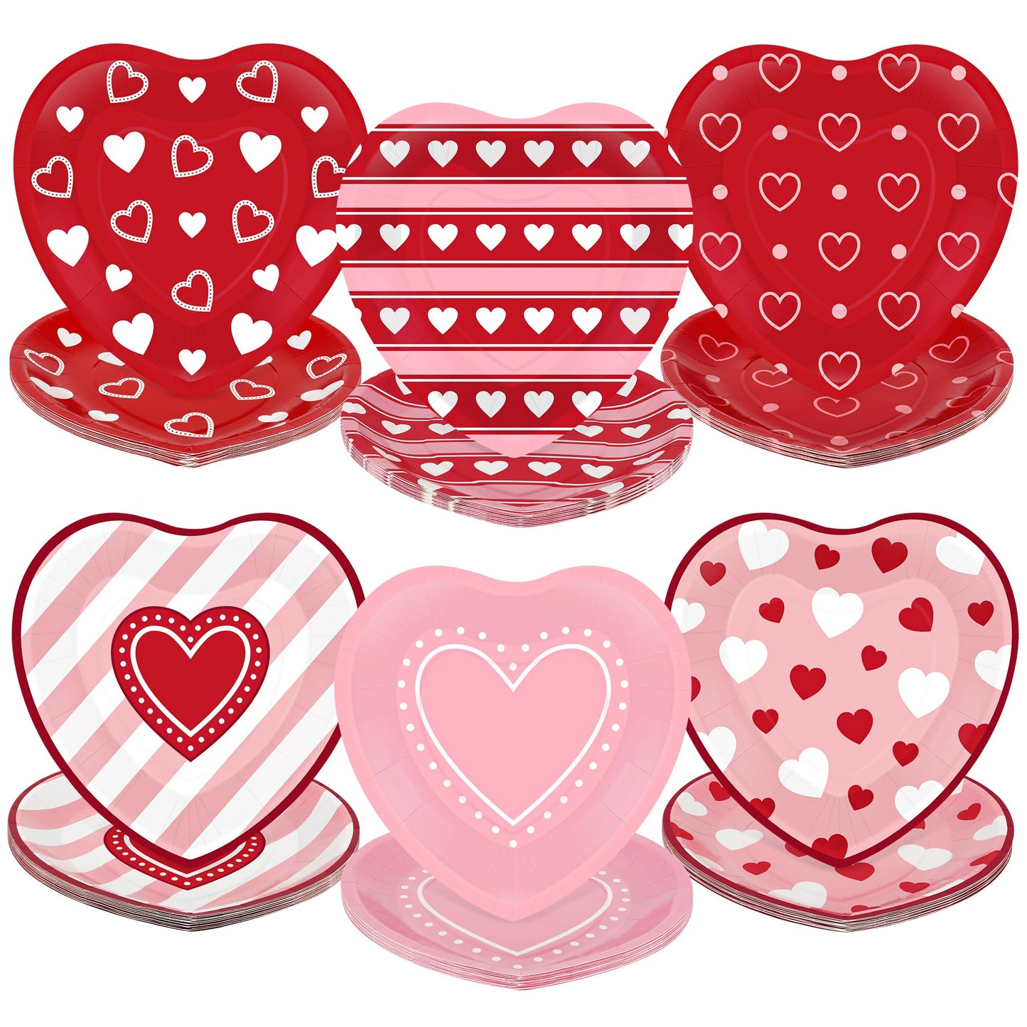 QZYL 48 PCS Valentines Plates, 9 IN Disposable Heart Shaped Plates, Red Pink Heart Design Heart Plates Valentines Paper Plate, Pink Dinnerware VD Party Supplies Wedding Table Decor