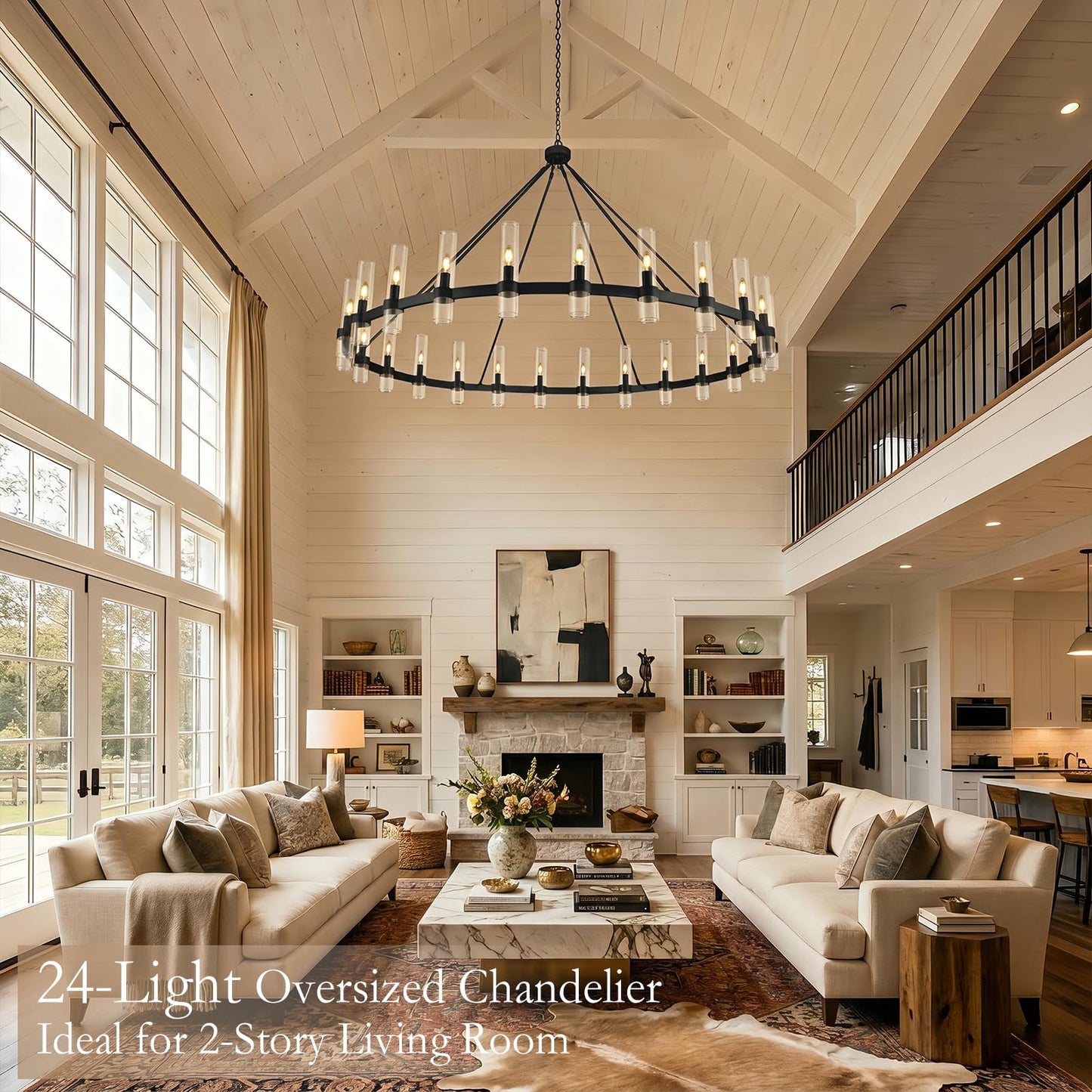 Black Wagon Wheel Chandelier 70 Inch, Large Chandeliers for High Ceilings, 24-Light Chandelier with Glass Shade, Modern Farmhouse Chandeliers for Living Room, Dining Room and Foyer(24 Bulbs Included)