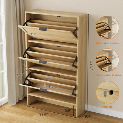 CABIHOME Shoe Storage Cabinet for Entryway, 32" Wide Fluted Shoe Cabinet with 3 Flip Drawers Doors, Shoe Rack Tall Freestanding Shoe Organizer for Entrance, Hallway, Living Room, Natural