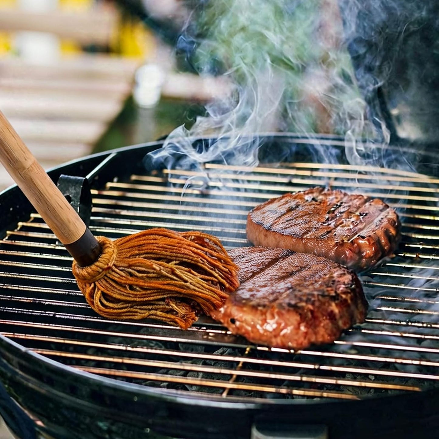 XMSTOY BBQ Mop Brushes for Sauce, Grill Basting Mop Wooden Long Handle BBQ Mop with 4 Extra Replacement Heads Perfect for BBQ Grilling Smoking Steak Marinade or Glazing (18 Inch)