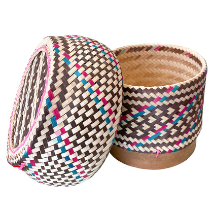 Bamboo Sticky Rice Serving Basket Thai Kratip Container 100% Handmade Traditional Village Handicrafts with Vegetable Plant Based Dye Coloring Shades Food Safe