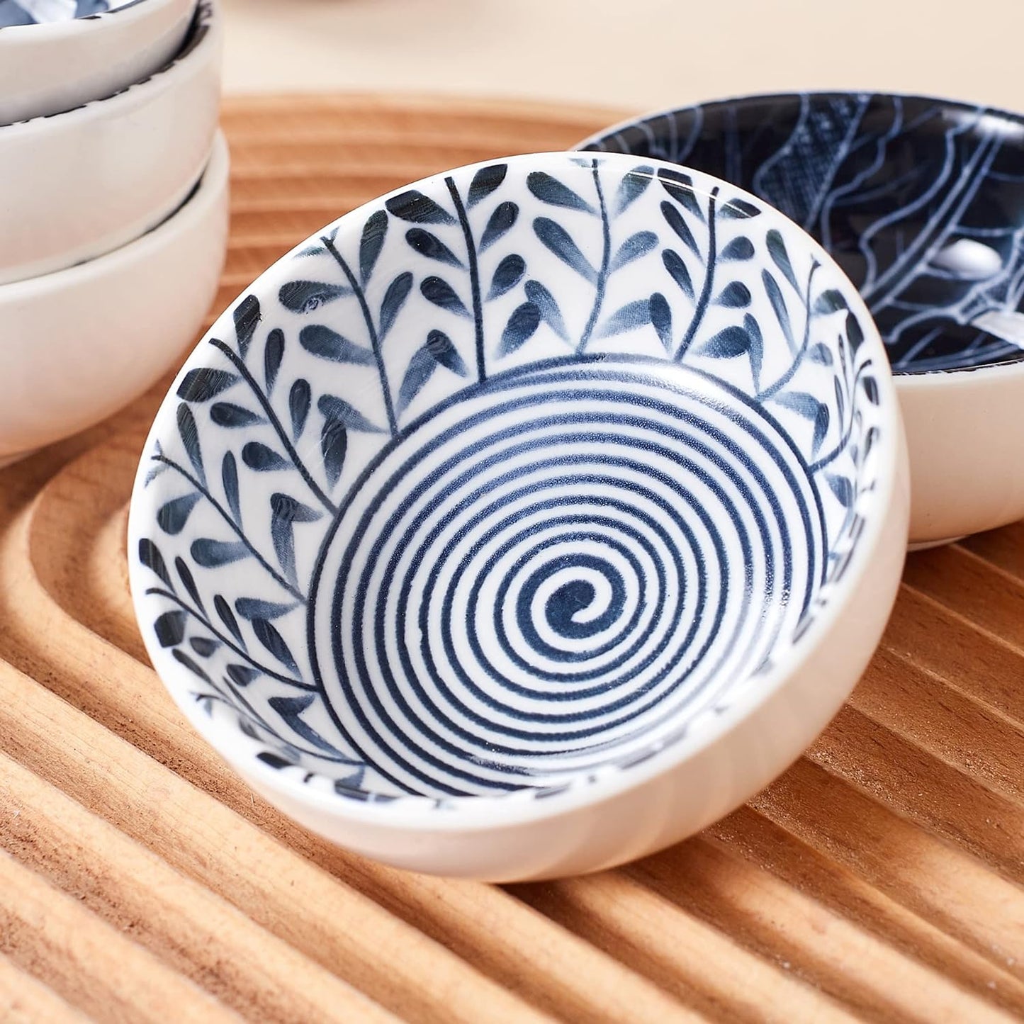Ceramic Dipping Bowls Set of 6, 3 Inch Pinch Bowls for Sushi, Snack, Soy, BBQ, 2.5 Oz Blue and White