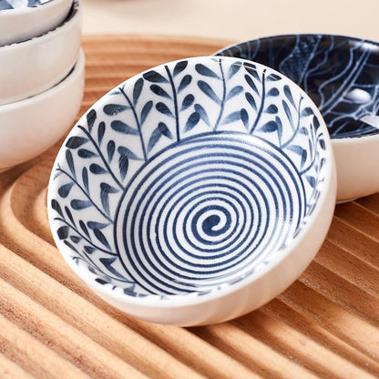Ceramic Dipping Bowls Set of 6, 3 Inch Pinch Bowls for Sushi, Snack, Soy, BBQ, 2.5 Oz Blue and White