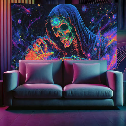 Starlit Patio Blacklight Skull Tapestry Skeleton UV Reactive Glowing Grim Reaper Wall Hanging Trippy Neon Skeleton Art Tapestry for Bedroom Living Room Dorm Aesthetic Gothic Horror Decor 78 x 59 Inch