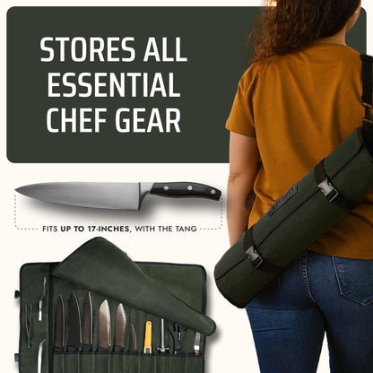Asaya Waxed Canvas Chef Knife Roll Bag with 10 Slots and a Zipper Pocket - Professional Chef Knife Bag & Storage Case, with Shoulder Strap - Knives Not Included (Forest Green)